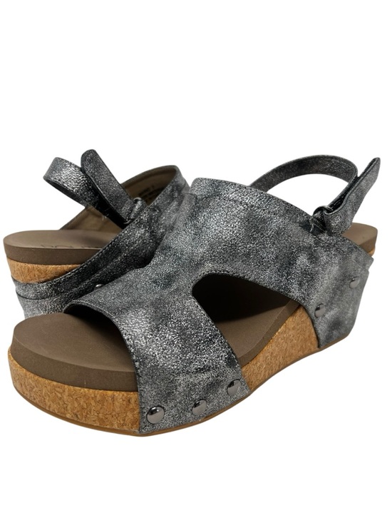 Boutique Corkys Shoes - Corkys Metallic Silver Wedge Sandals with Cork Platform